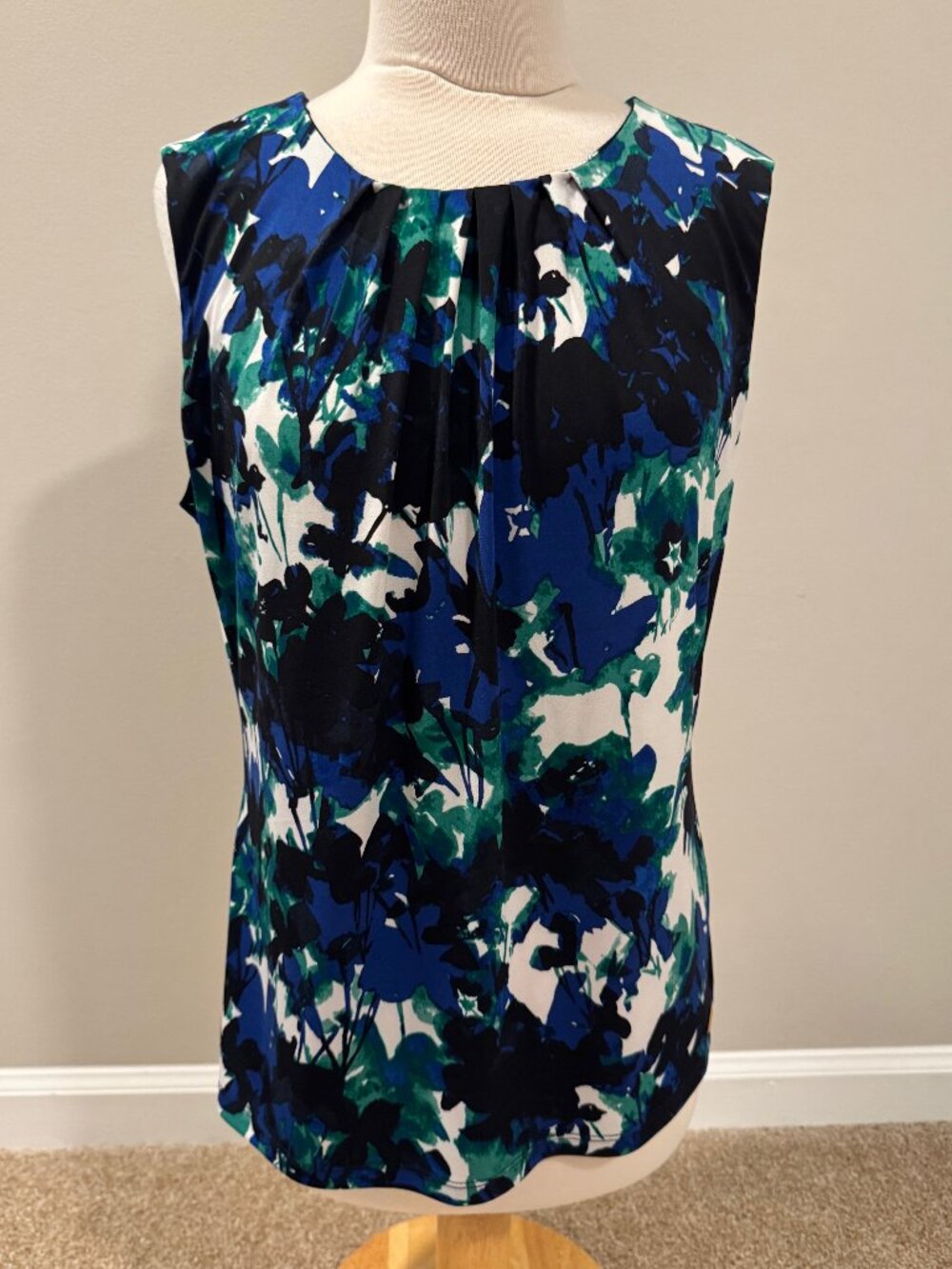 Women's Medium Calvin Klein CK Blue Green White Sleeveless Dressy Blouse Shirt
